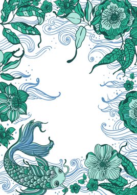 Koi balıkları ve çiçekler şık çiçek doodle arka plan