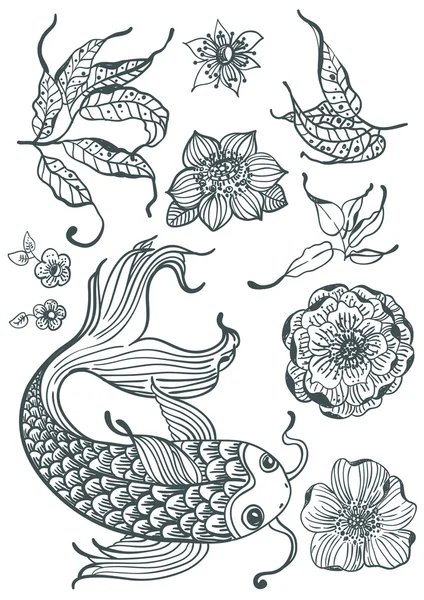 Стильний квітковий каракулі фон з рибою кої та квітами — стоковий вектор