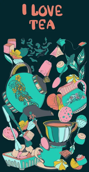 Ilustrace čas čaj s květy — Stockový vektor