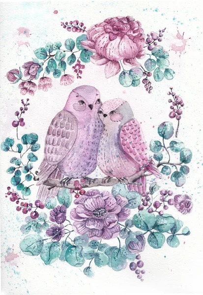 Rosen, Blätter und Vögel. Aquarell-Illustration über weißem Backg — Stockfoto