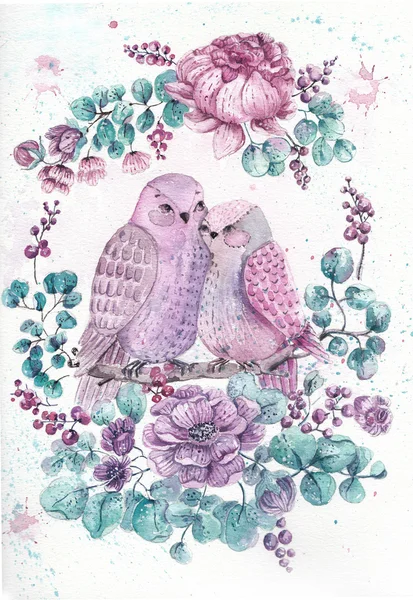 Roses, feuilles et oiseaux. Illustration aquarelle sur fond blanc — Photo