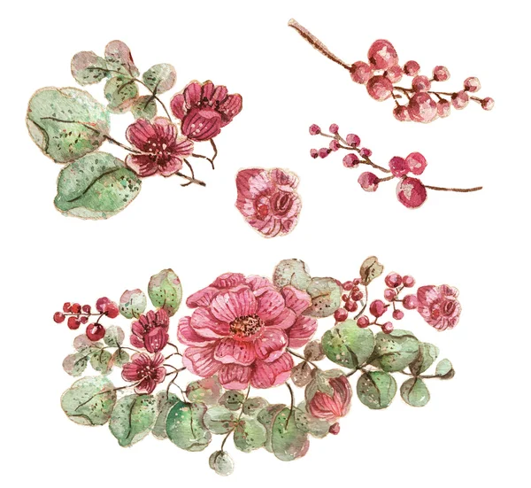 Rosas y hojas. Ilustración en acuarela — Vector de stock