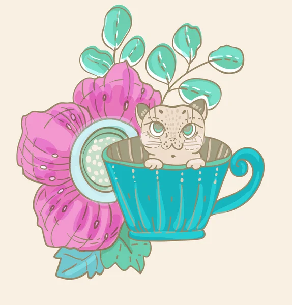 Niedliche Doodle-Katze in Teetasse mit Blumen — Stockvektor