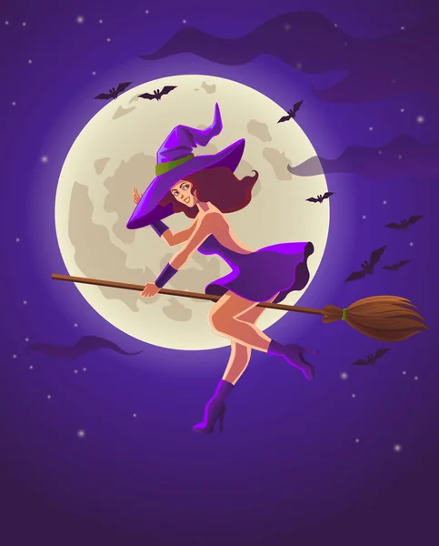 Ilustración de Halloween con bruja en escoba — Vector de stock