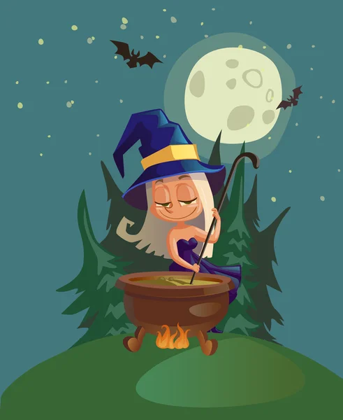 Halloween ilustrace s čarodějkou a tvorbě hrnec — Stockový vektor