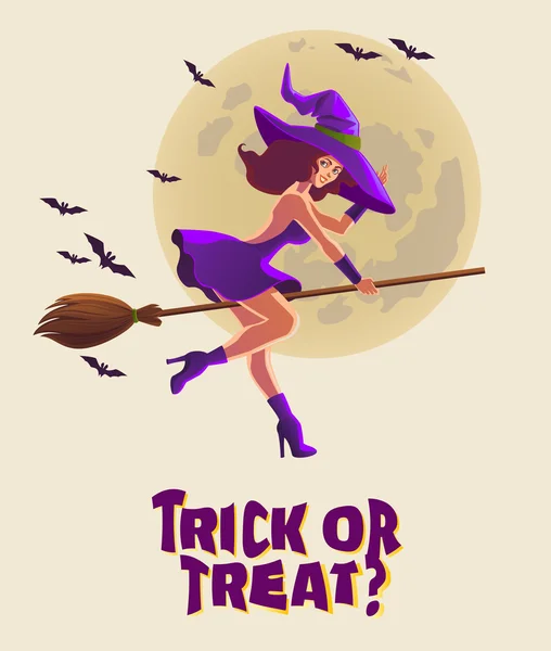 Ilustración de Halloween con bruja en escoba — Archivo Imágenes Vectoriales