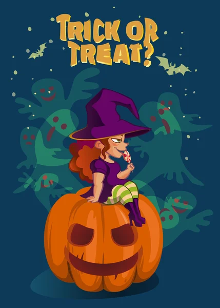 Ilustração de Halloween com bruxa na abóbora lanterna —  Vetores de Stock