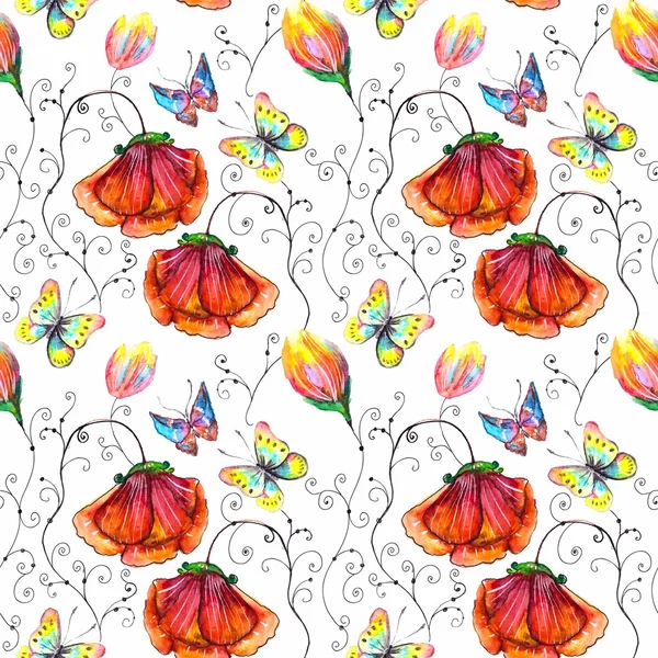 Aquarell nahtlose florale Illustration mit Schmetterling — Stockfoto