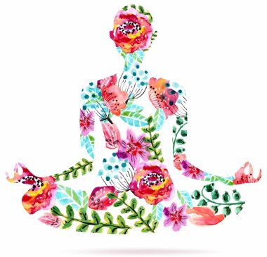 Yoga poz, suluboya parlak çiçek şekil