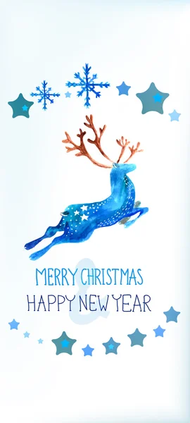 Acuarela hermoso ciervo azul con copos de nieve — Archivo Imágenes Vectoriales