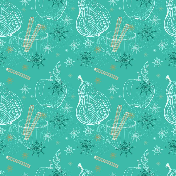 Fundo doodle com maçã, pêra e flocos de neve, sem costura patt — Fotografia de Stock