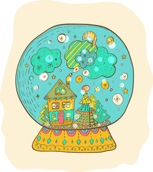 Bola de nieve con la ciudad de Navidad decorada — Vector de stock