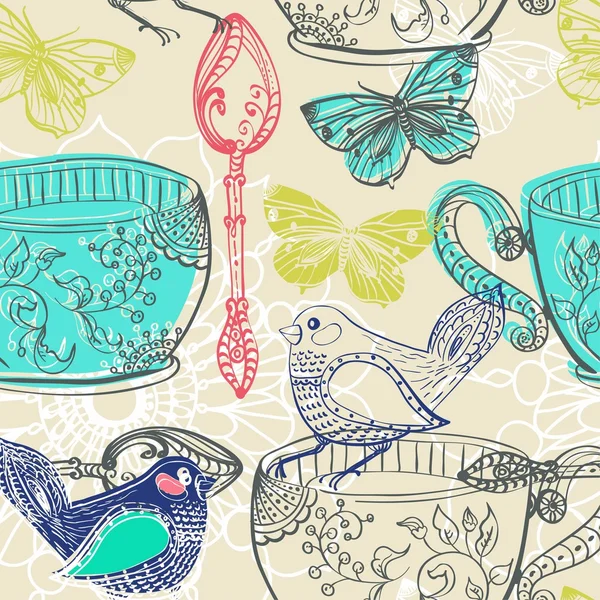 Thee tijd illustratie met bloemen en vogels, naadloze patroon — Stockvector