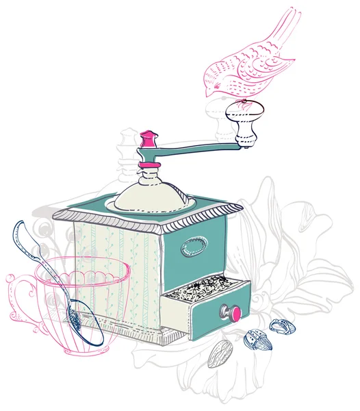 Fundo doodle com moinho de café, flores e pássaros — Vetor de Stock