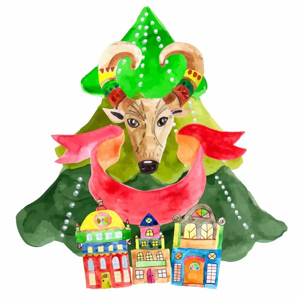 Watercolor belo cartão de Natal com cabra — Vetor de Stock