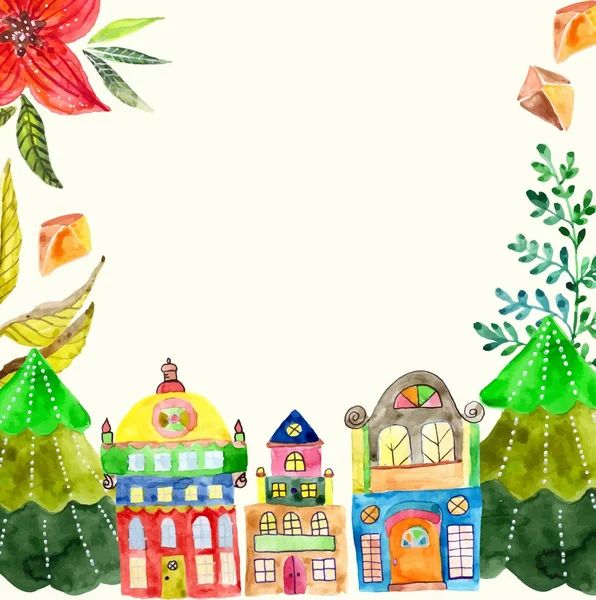 Aquarelle belle carte de Noël avec des maisons mignonnes — Image vectorielle