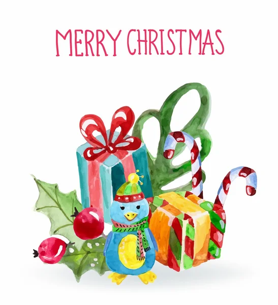 Akvarell gyönyörű karácsonyi kártya-val pingvin — Stock Vector