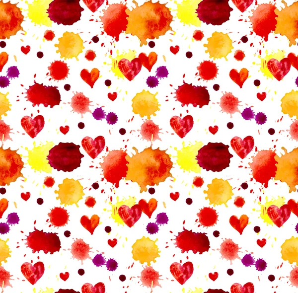 Watercolor colorful blot and heart, seamless pattern — Stock Photo, Image