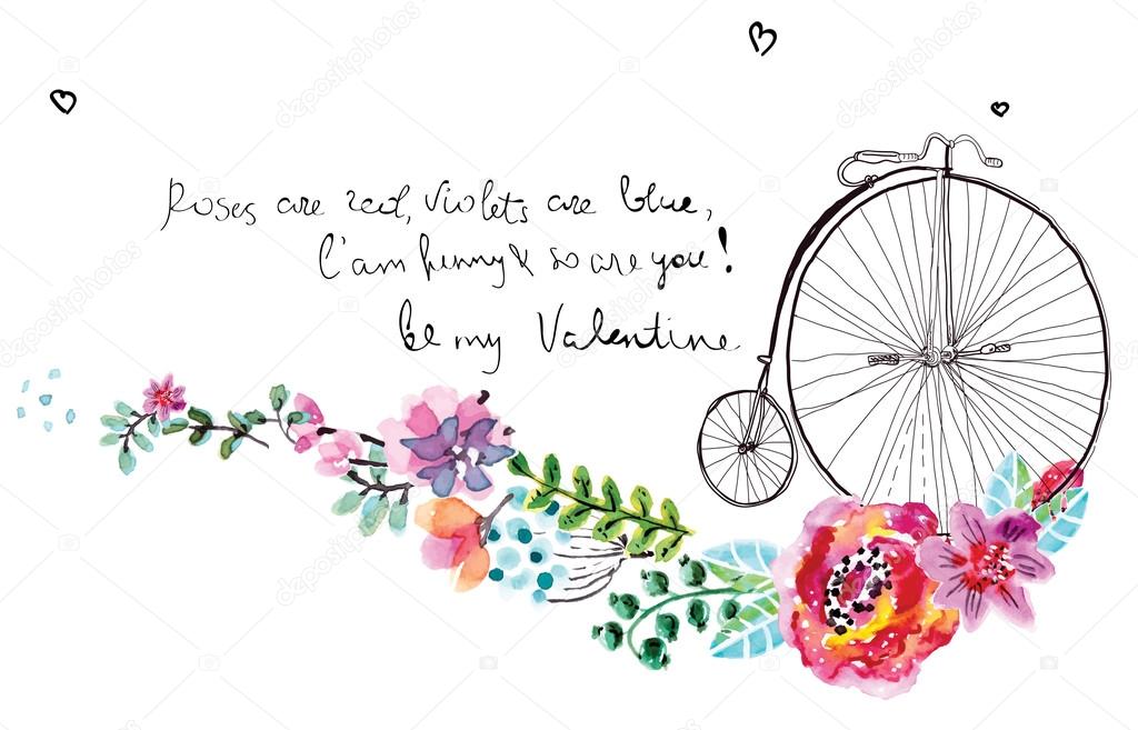 Watercolor flowers with bicycle
