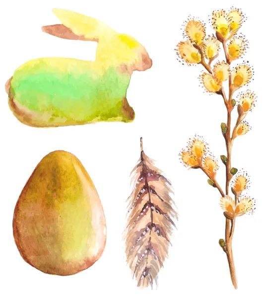 Collection aquarelle de Pâques avec lapin, oeuf, plume et willo — Image vectorielle