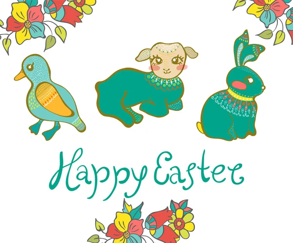 Tarjeta de Pascua con pato, cordero, conejo y flores — Archivo Imágenes Vectoriales
