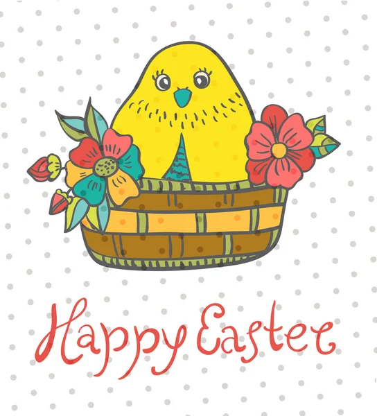 Tarjeta de Pascua con pollo y flores — Vector de stock