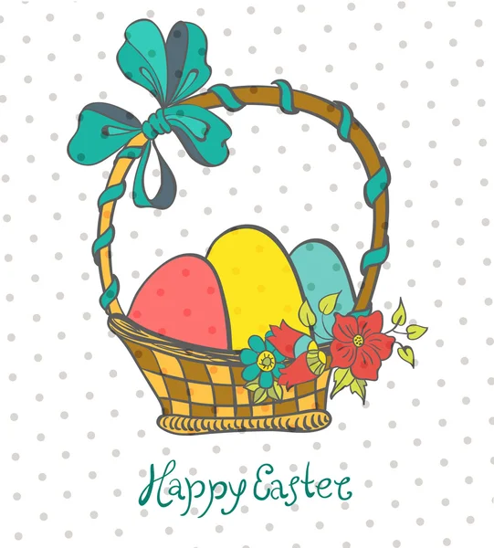 Tarjeta de Pascua con huevos en cesta y flores — Vector de stock