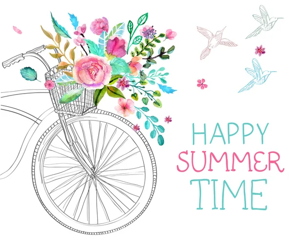 Aquarel bloemen en fiets — Stockvector