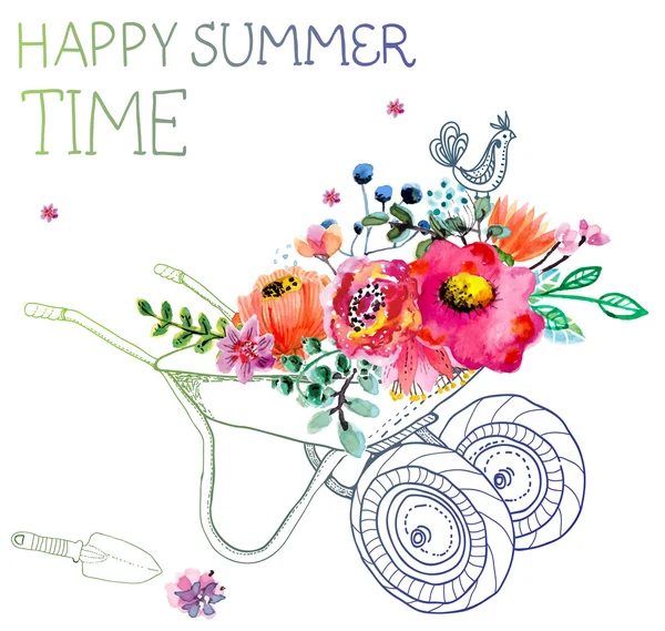 Suluboya çiçek ve Bahçe arabası