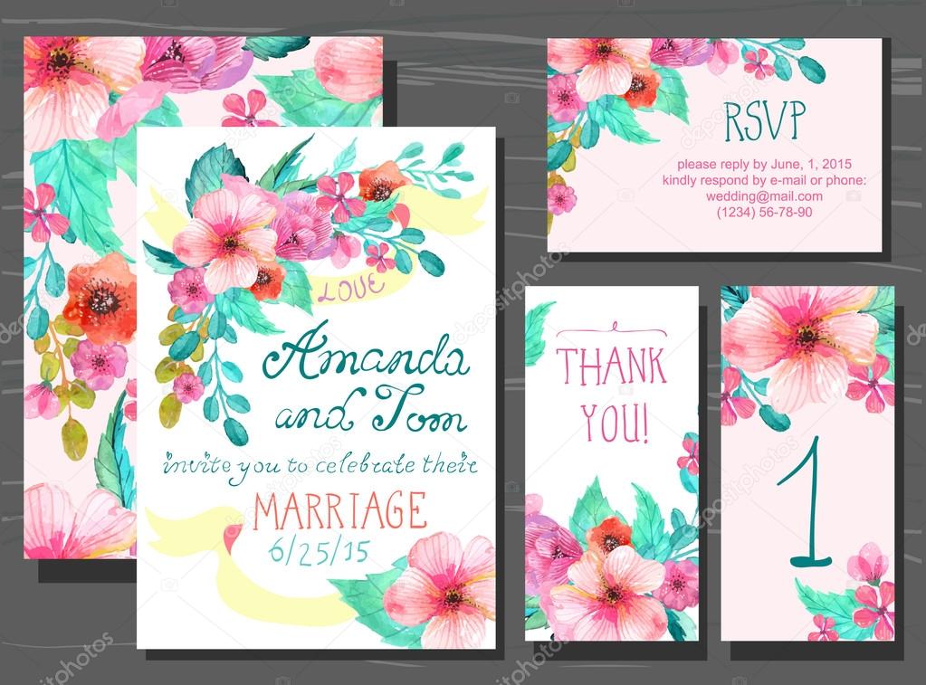 Beautiful set of invitation cards with watercolor flowers elemen