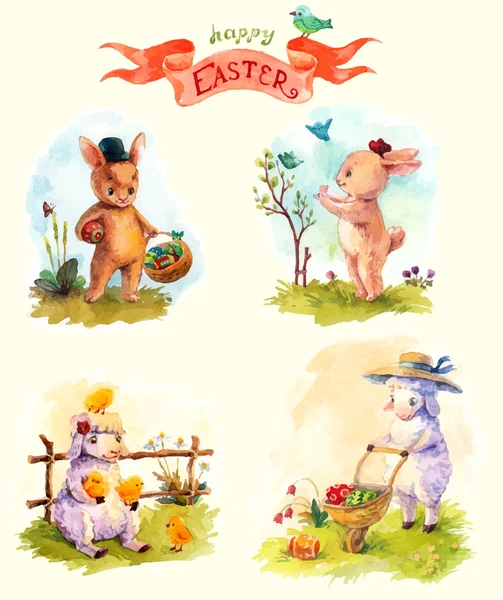 Acuarela estilo vintage colección de Pascua, animales lindos — Vector de stock
