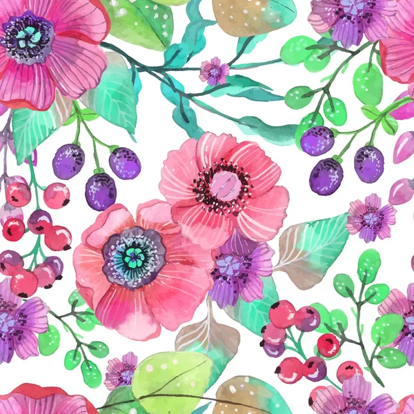 Fond naturel sans couture avec des fleurs roses et des baies — Image vectorielle