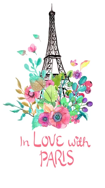 Torre Eiffel con fiori ad acquerello — Vettoriale Stock