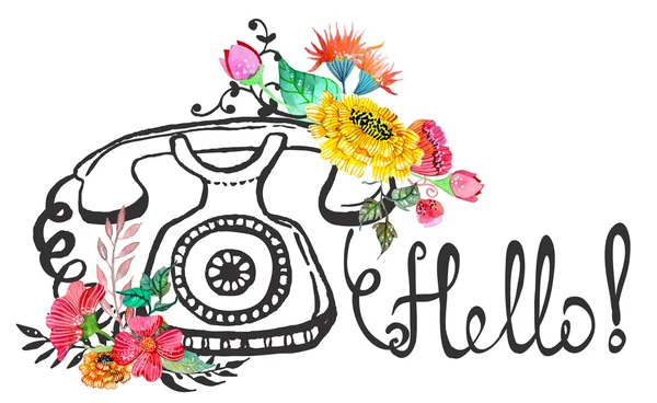 Retro graphic phone and watercolor flowers — Stock Vector