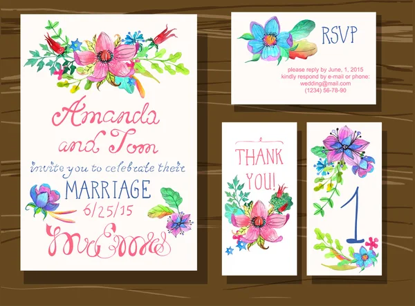 Bel ensemble de cartes d'invitation avec des fleurs d'aquarelle elemen — Image vectorielle