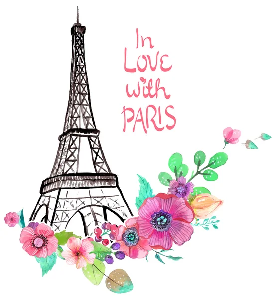 Torre Eiffel con flores de acuarela — Vector de stock