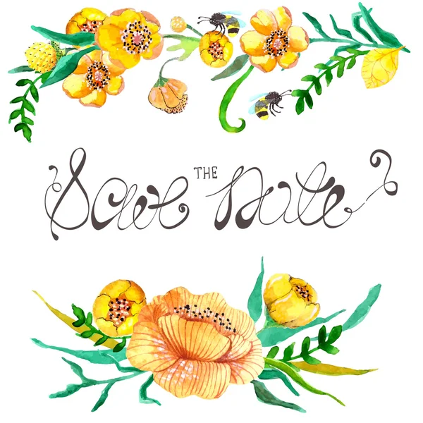 Ακουαρέλα, κίτρινο και πράσινο λουλούδια και μέλισσα — Διανυσματικό Αρχείο