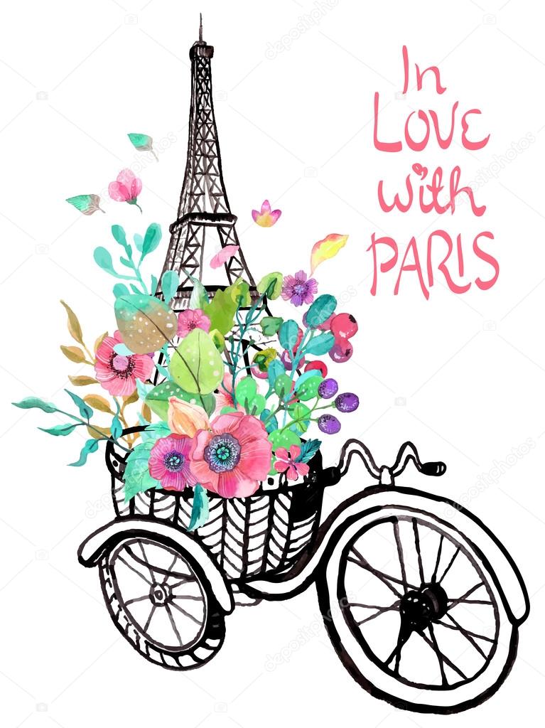 Eiffel tower with watercolor flowers