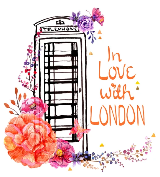 Cabine telefônica de Londres com flores de aquarela —  Vetores de Stock