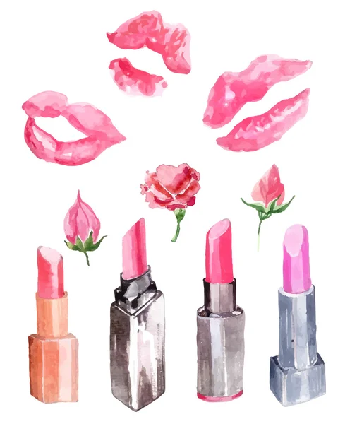 Lippenstift, lippenstift kus wordt afgedrukt en bloemen collectie — Stockvector
