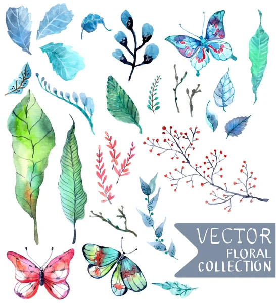 異なるデザインの水彩画の花コレクション — ストックベクタ