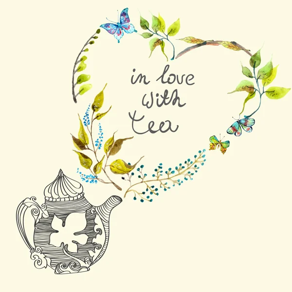 用鲜花和茶壶水彩彩色背景 — 图库矢量图片