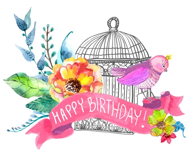 Watercolor flowers and bird cage — Stock Vector