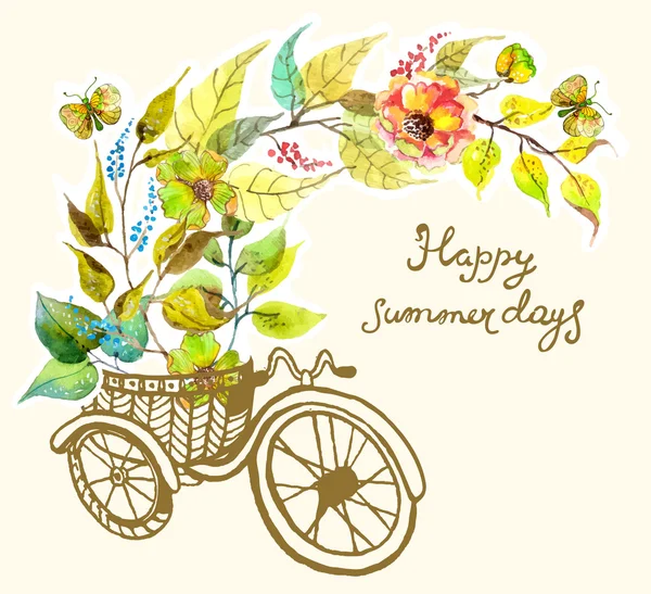 자전거와 수채화 꽃, 세 발 자전거 — 스톡 벡터
