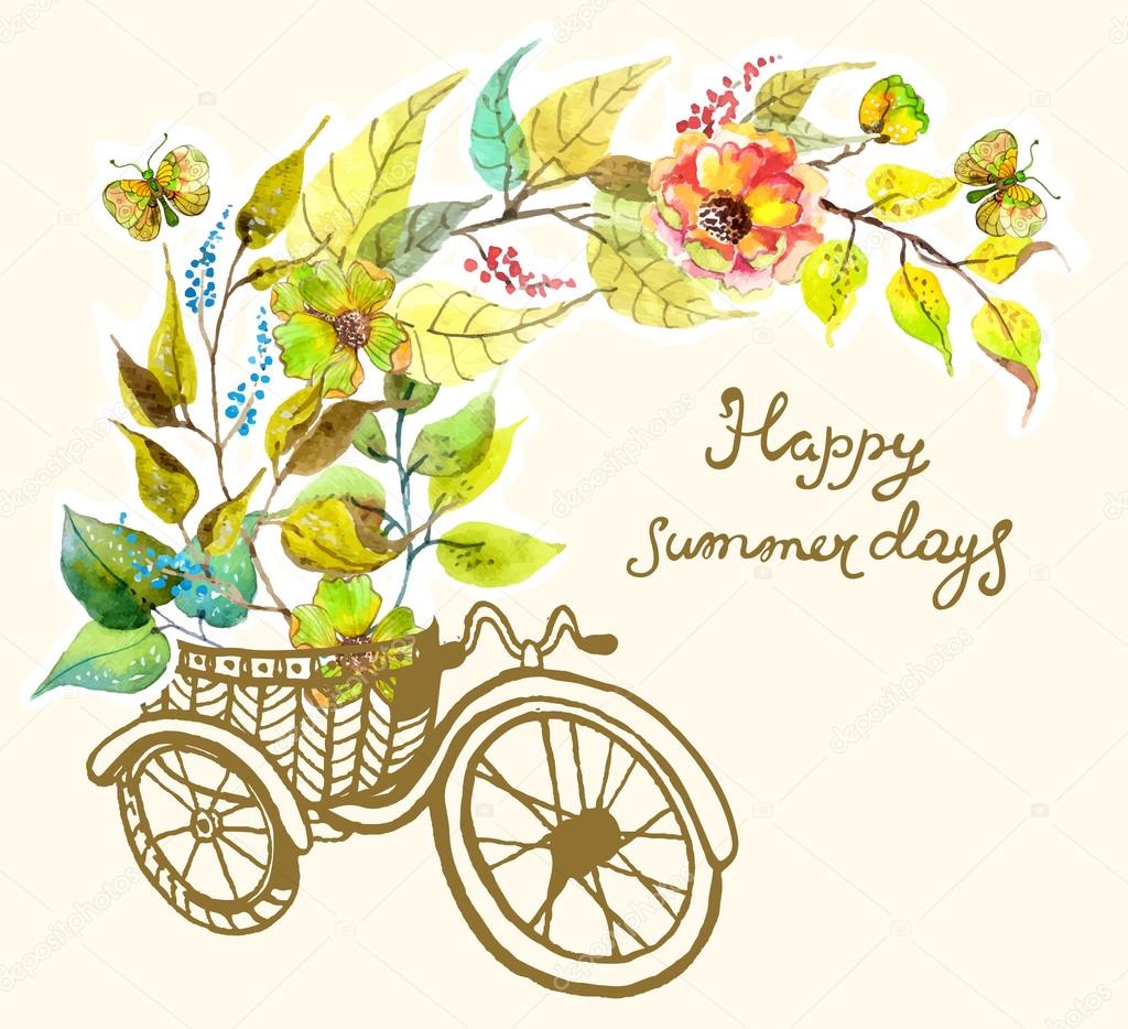 Bike and watercolor flowers, tricycle