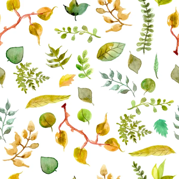 Seamless watercolor background with different leaves — Stock Vector