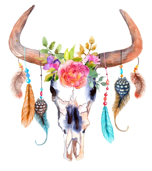 Cráneo de toro acuarela con flores y plumas — Vector de stock