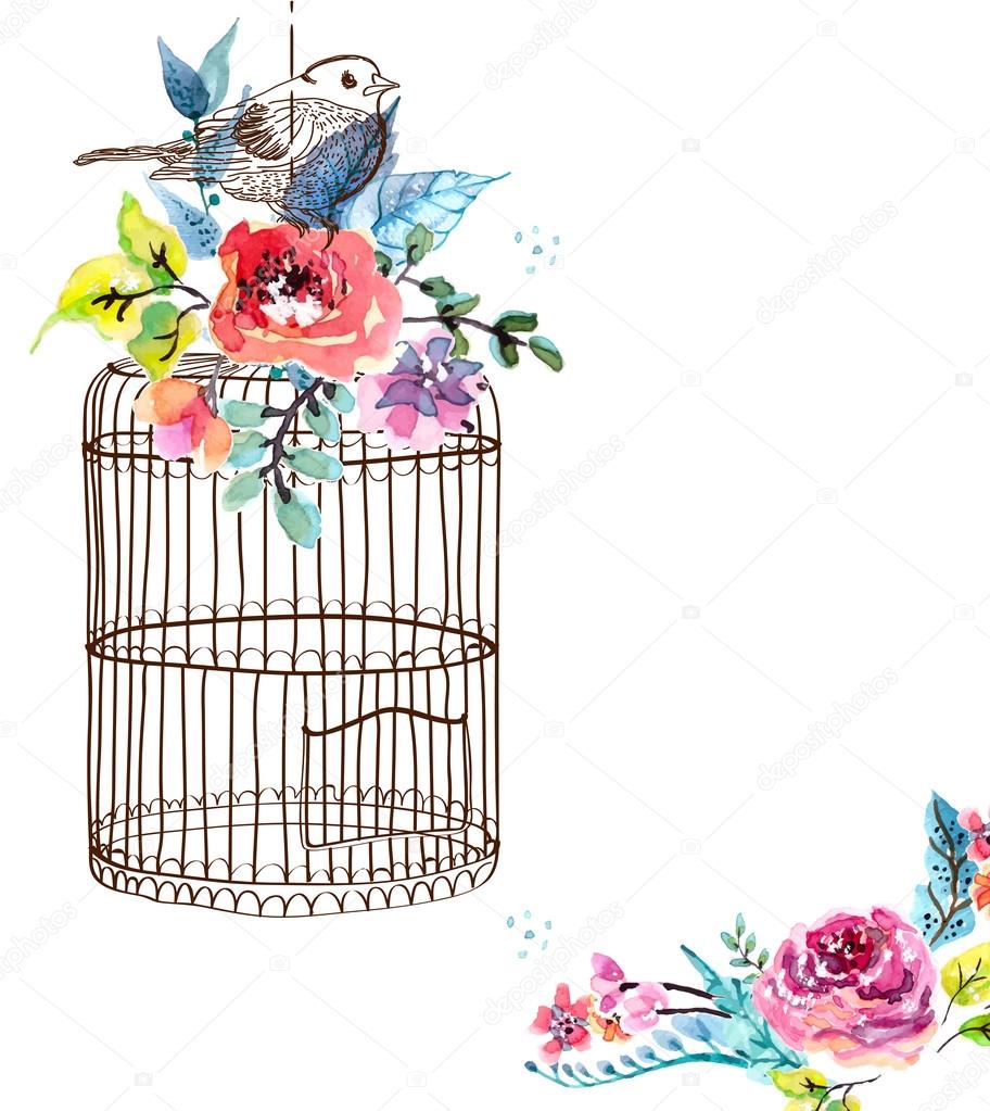 Aquarelles Fleurs Et Cage à Oiseaux Image Vectorielle