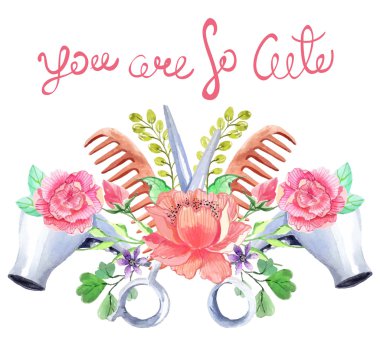 Watercolor hair dryers, scissors and comb set over white clipart