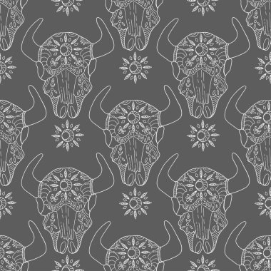 Doodle bull skull, seamless pattern
